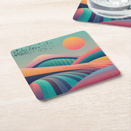 万華鏡のように千変万化するパターンヒルズランドスケープ スクエアペーパーコースター (アングル)
