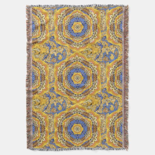 万華鏡のように千変万化するパターンフローララグジュアリーブルーゴールデンイエローミックス スローブランケット (正面縦)