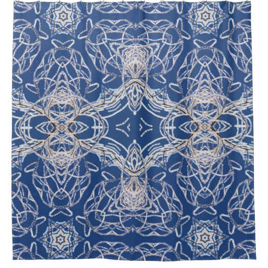 万華鏡のように千変万化するパターンブライトブルー，白独身の星 シャワーカーテン (正面)