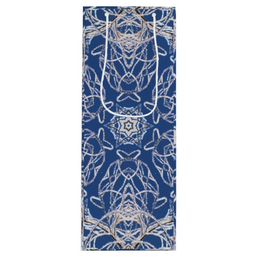 万華鏡のように千変万化するパターンブライトブルー，白独身の星 ワインギフトバッグ (正面)