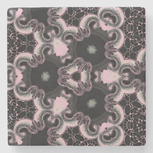 万華鏡のように千変万化するパターンブラックとピンクデザイン ストーンコースター (正面)