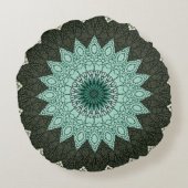 万華鏡のように千変万化するパターンマンダライン緑と青 ラウンドクッション (裏面)