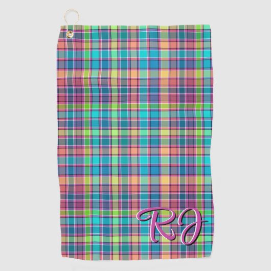 万華鏡のように千変万化するパターン格子青、紫、ターコイズ黄 ゴルフタオル (正面)