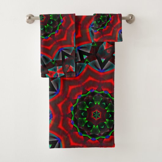 万華鏡のように千変万化するパターン（円形、緑、赤） バスタオルセット (インサイチュ)