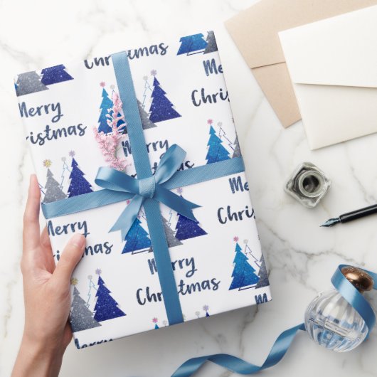 三つのグリッターのクリスマスツリーと星メリー- ラッピングペーパー (ギフト)