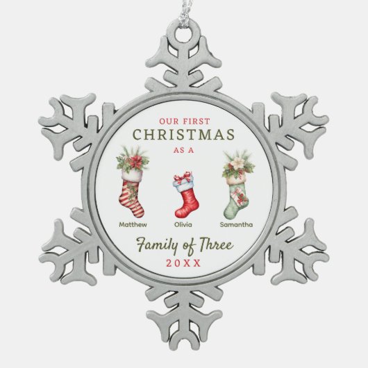 三つの初めてのクリスマス スノーフレークピューターオーナメント (正面)