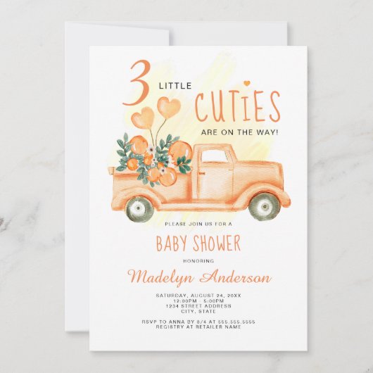 三つの小さなかわいこちゃん三つ子の赤ちゃんシャワー 招待状 (正面)