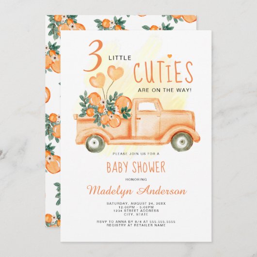 三つの小さなかわいこちゃん三つ子の赤ちゃんシャワー 招待状 (正面/裏面)