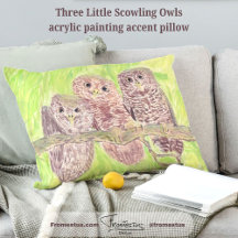 三つの小さなスクワリングのフクロウ絵画 – アクリル。