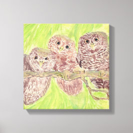 三つの小さなスクワリングのフクロウ絵画 – アクリル。 キャンバスプリント