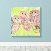 三つの小さなスクワリングのフクロウ絵画 – アクリル。 キャンバスプリント (インサイチュ (ウッドフロア))