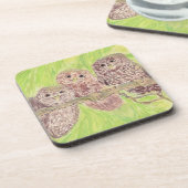 三つの小さなスクワリングのフクロウ絵画 – アクリル。 コースター (左側)