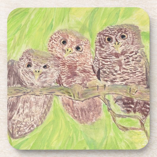 三つの小さなスクワリングのフクロウ絵画 – アクリル。 コースター (正面)