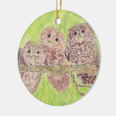 三つの小さなスクワリングのフクロウ絵画 – アクリル。 セラミックオーナメント (左)