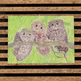 三つの小さなスクワリングのフクロウ絵画 – アクリル。 ポスター