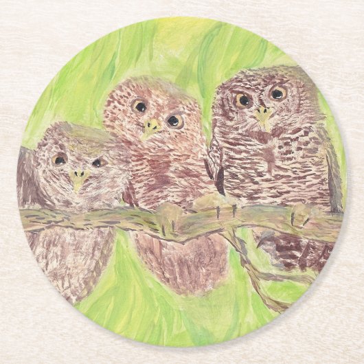 三つの小さなスクワリングのフクロウ絵画 – アクリル。 ラウンドペーパーコースター (正面)