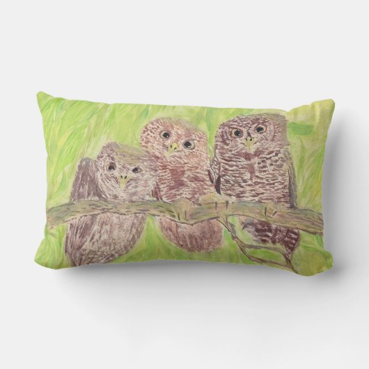 三つの小さなスクワリングのフクロウ絵画 – アクリル。 ランバークッション (裏面)