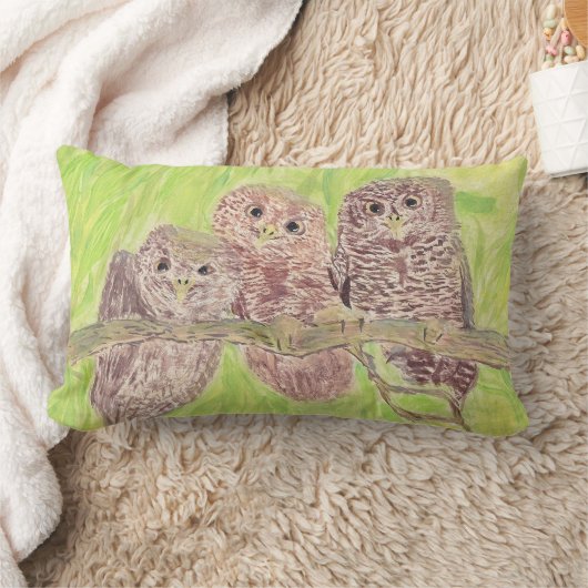 三つの小さなスクワリングのフクロウ絵画 – アクリル。 ランバークッション (ブランケット)