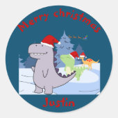 三つの恐竜のクリスマスギフトパーソナライズされた名 ラウンドシール (正面)