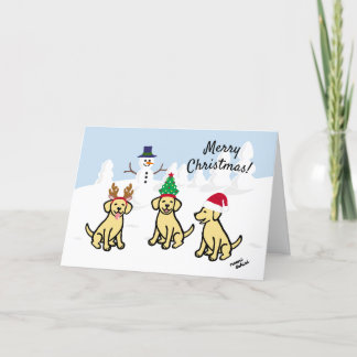 三つの黄色いラブラドールと雪だるまのクリスマス シーズンカード