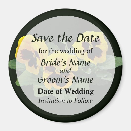 三つの黄色のパンジーでSave the Date マグネット (正面)
