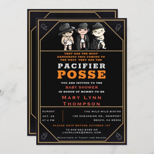 三つ子おしゃぶりポーズワイルドウェストおもしろい赤ちゃんシャワー 招待状 (正面/裏面)