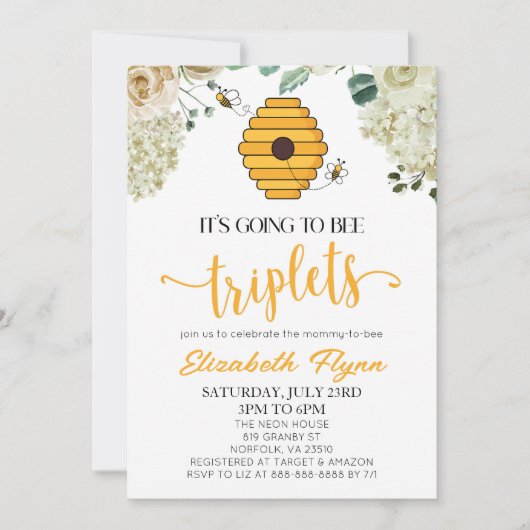 三つ子ののまわりにの赤ちゃんシャワー 招待状 (正面)