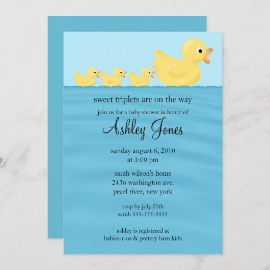 三つ子のカモのベビーシャワー 招待状 (正面/裏面)