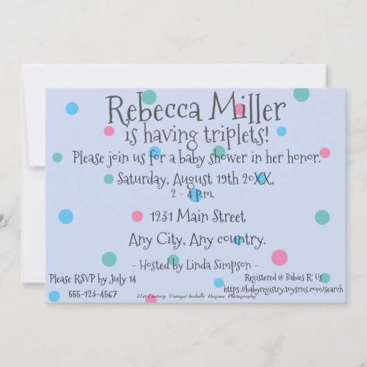 三つ子のハートシャワー付き3つのかわいいブーティー 招待状 (裏面)