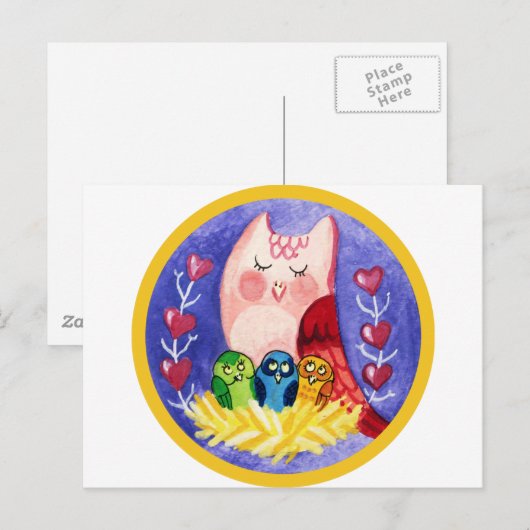 三つ子のフクロウ母 ポストカード (正面/裏面)