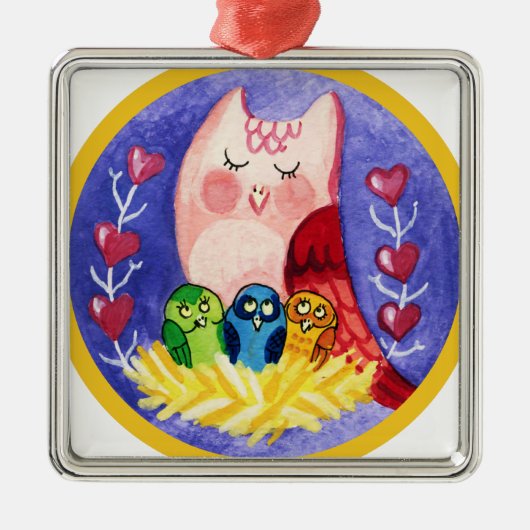 三つ子のフクロウ母 メタルオーナメント (正面)