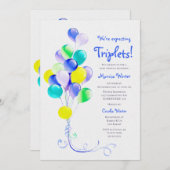 三つ子のブルーバルーンを期待ベイビーシャワー 招待状 (正面/裏面)