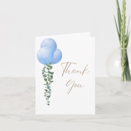 三つ子の少年 ブルー風船 赤ちゃん男の子 水彩画 サンキューカード (正面)