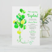 三つ子の緑のバルーンを期待ベイビーシャワー 招待状 (スタンド正面)