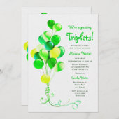 三つ子の緑のバルーンを期待ベイビーシャワー 招待状 (正面/裏面)
