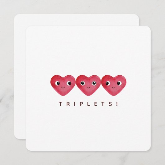三つ子の誕生おめでとう ハートの赤ちゃんイラスト3つ シーズンカード (正面/裏面)