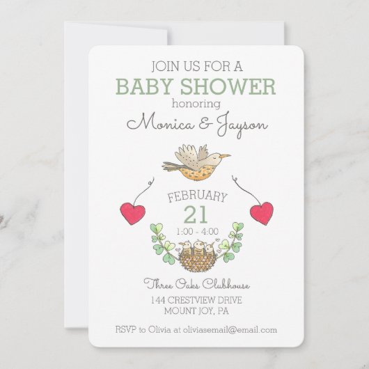 三つ子の赤ちゃんのシャワー 鳥と巣 招待状 (正面)