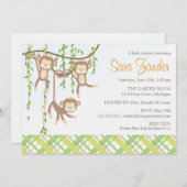 三つ子ベビーシャワー招待状-サル 招待状 (正面/裏面)