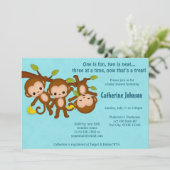 三つ子モンキー ベビーシャワー招待状 青 MM2 招待状 (スタンド正面)