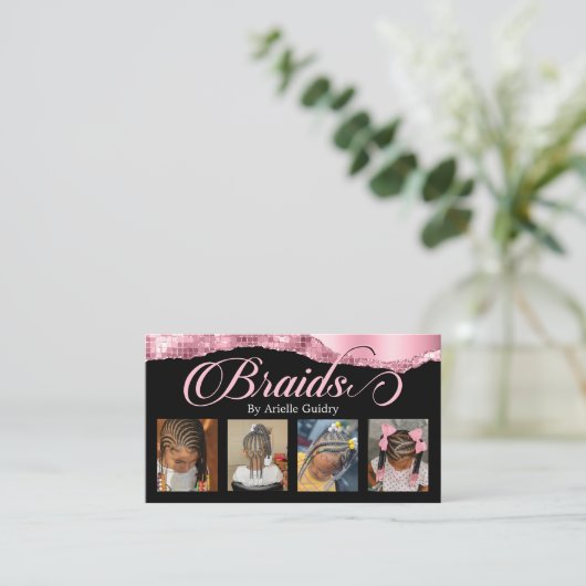 三つ編みの髪結いスタイリストサロン写真を追加ピンク 名刺 (スタンド正面)