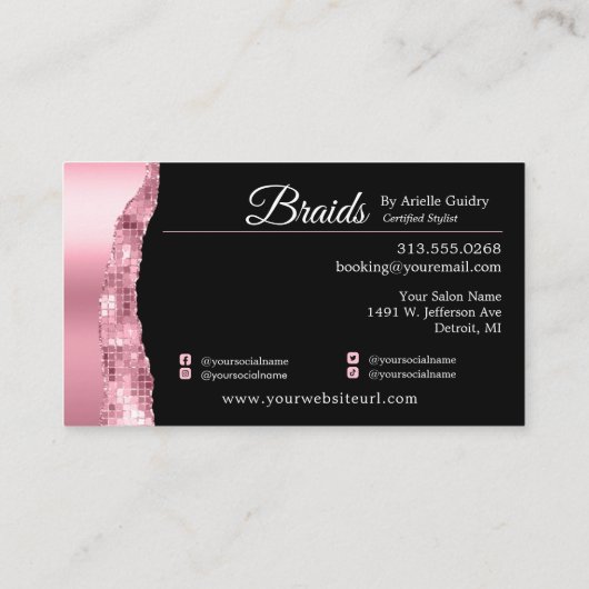 三つ編みの髪結いスタイリストサロン写真を追加ピンク 名刺 (裏面)
