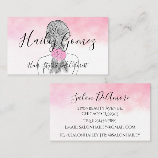 三つ編みピンクの水彩を持つ色鉛筆少女 名刺 (正面/裏面)