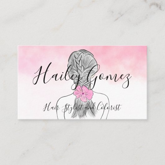 三つ編みピンクの水彩を持つ色鉛筆少女 名刺 (正面)