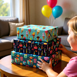 三カラフル人の誕生日パーティー ラッピングペーパーシート