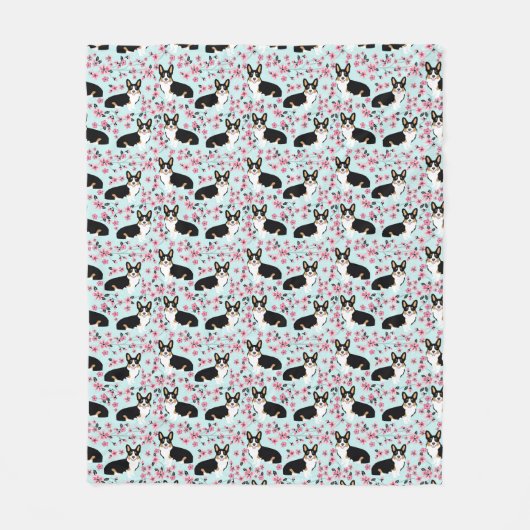 三コーギーの桜-青 フリースブランケット (正面)