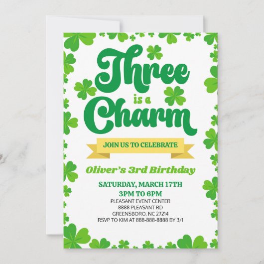 三チャーム聖パトリックの日3回目の誕生日パーティー 招待状 (正面)