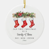 三パーソナライズされたつのストッキングの家族 セラミックオーナメント (正面)