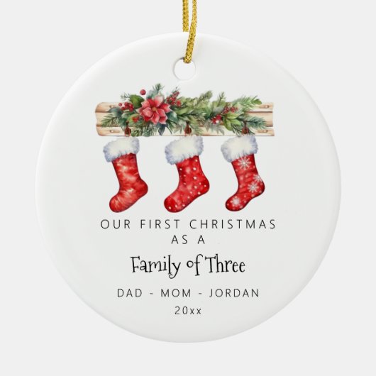 三パーソナライズされたつのストッキングの家族 セラミックオーナメント (正面)
