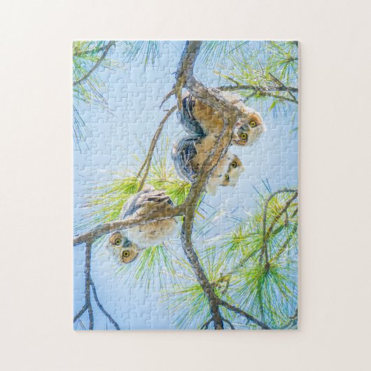 三ベビー素晴らし角フクロウ野生生物写真 ジグソーパズル (縦)
