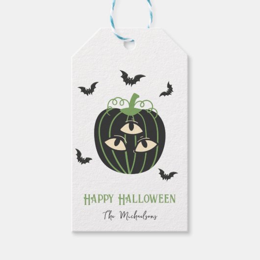 三モダンアイカボチャ及びこうもり名前をカスタムする ギフトタグ (正面)